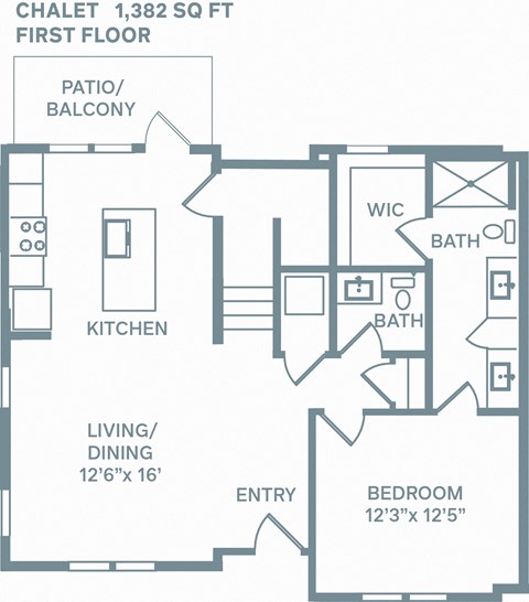 Floor plan for 3 beds, 2 baths, 1382 sqft